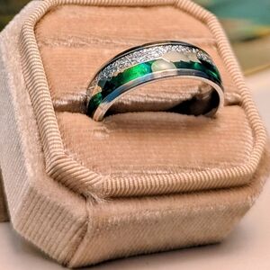 8MM Silver Titanium Green Shell Meteorite Wedding Band Arrow Inlay Ring 9, 12
